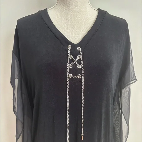 Chico's Travelers Classic Hardware Lace-Up Mesh V-Neck Top Black - Picture 2 of 8